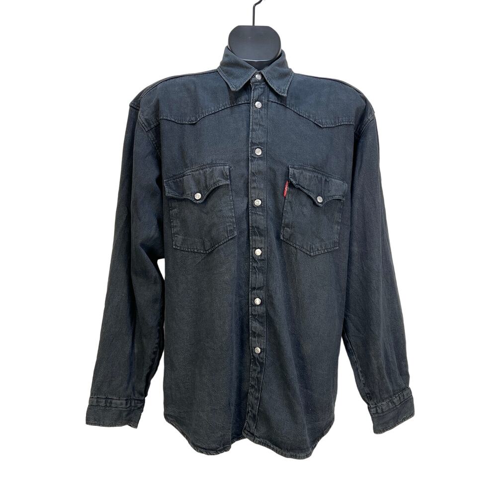 Vintage Black Angel Snap Front Black Denim Shirt Long Sleeves Bib Western